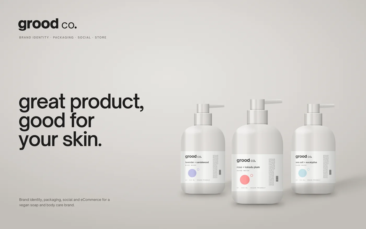 Three white Grood Co. pump bottles on a grey studio backdrop