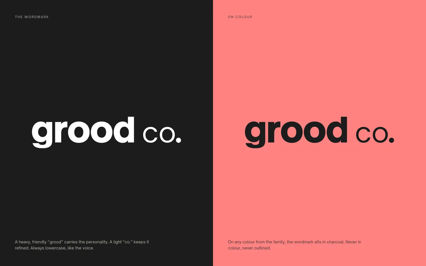 Grood Co. wordmark in white on charcoal and in charcoal on coral