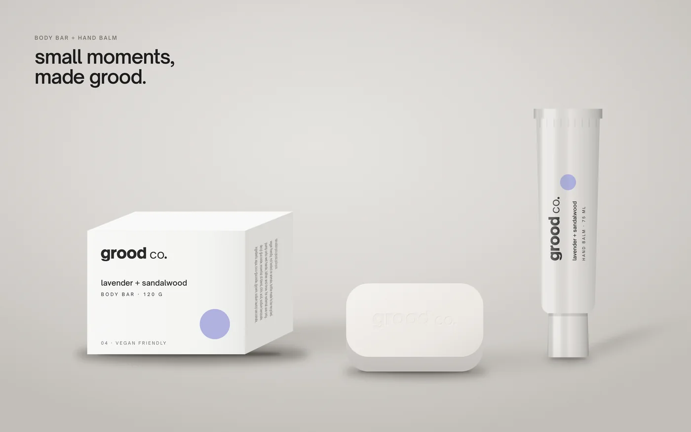 White Grood Co. body bar carton, soap and hand balm tube