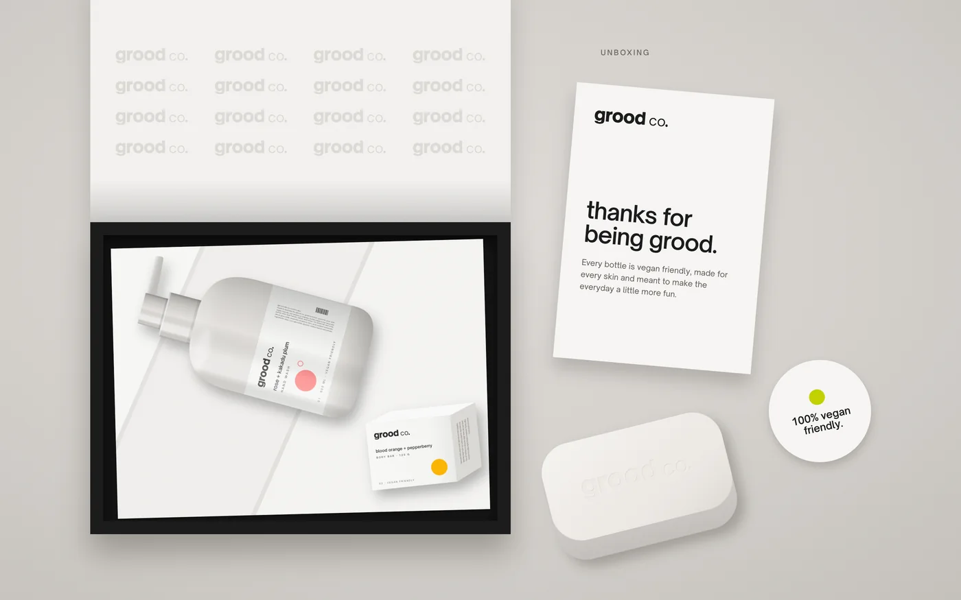 Grood Co. mailer box, tissue, thank-you card and sticker from above